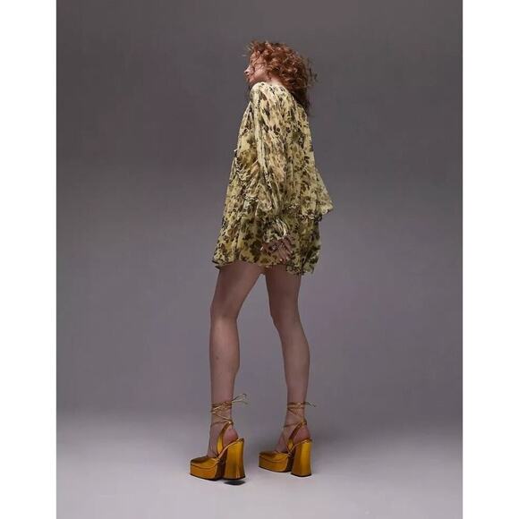 Topshop Dress Floral Print Cut Out Tie Neck Chuck On Ruffle Mini Yellow Black 2 - Picture 5 of 12